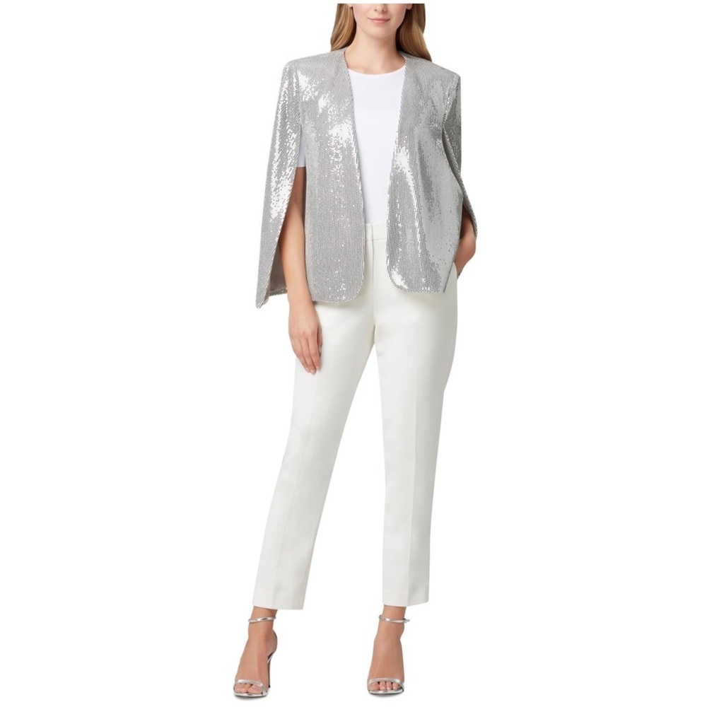 Tahari ASL Silver Metallic Sequined Cape Blazer